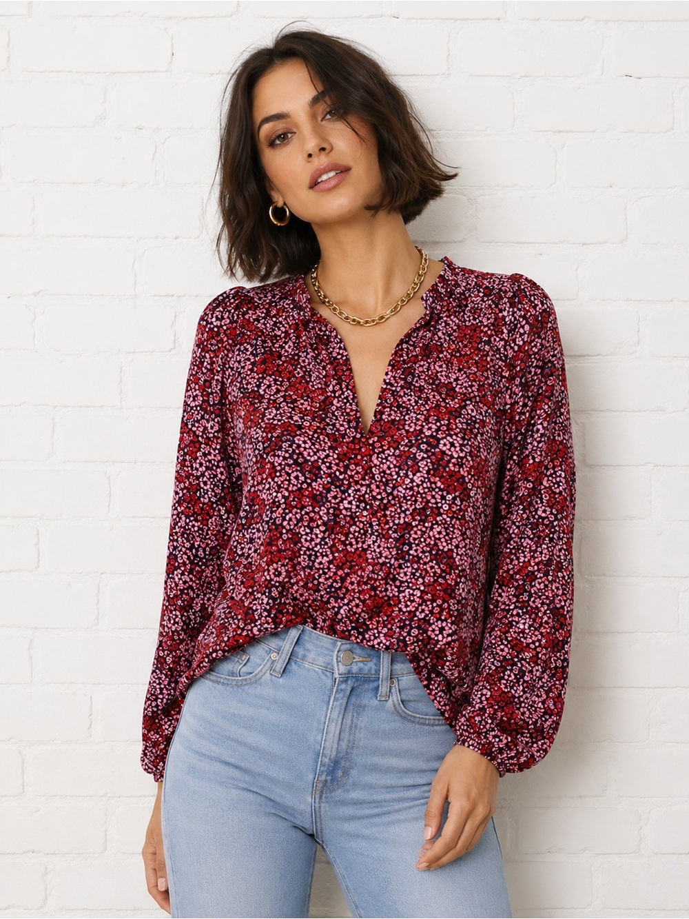 NWT Abound Floral Notch Neck Puff Sleeve Top